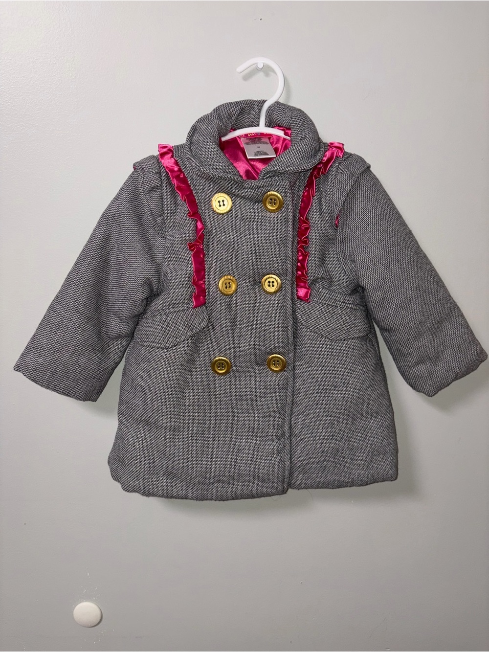 Penelope Mack Penny M Gray Herringbone Pink Ruffle Back Satin Lined Peacoat 2T